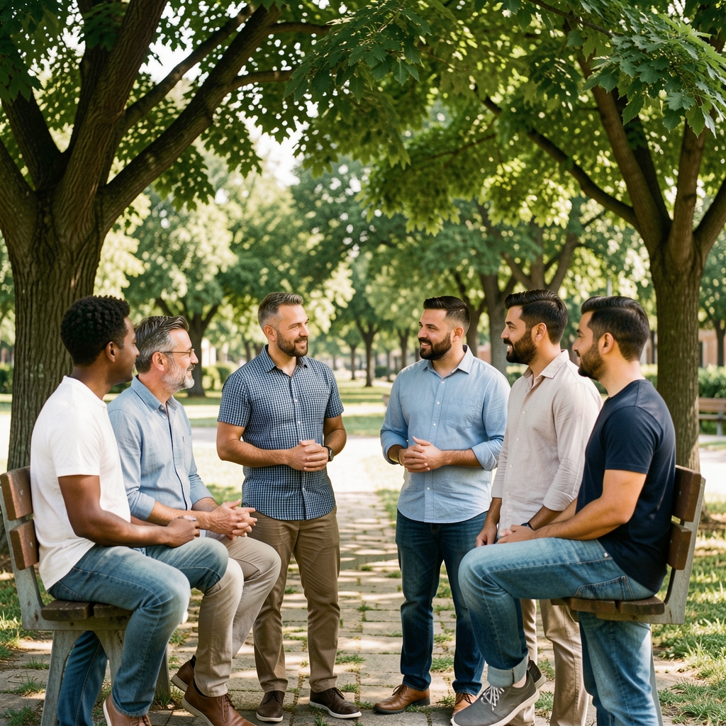 Small group of diverse adult men sharing a calm outdoor conversation under shade trees
