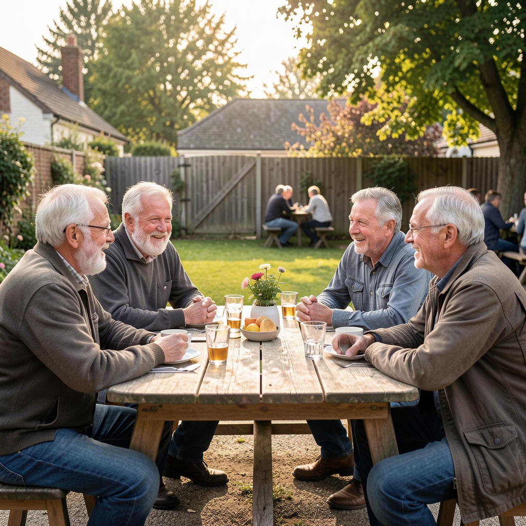 Group of older men sharing conversation at an outdoor community table