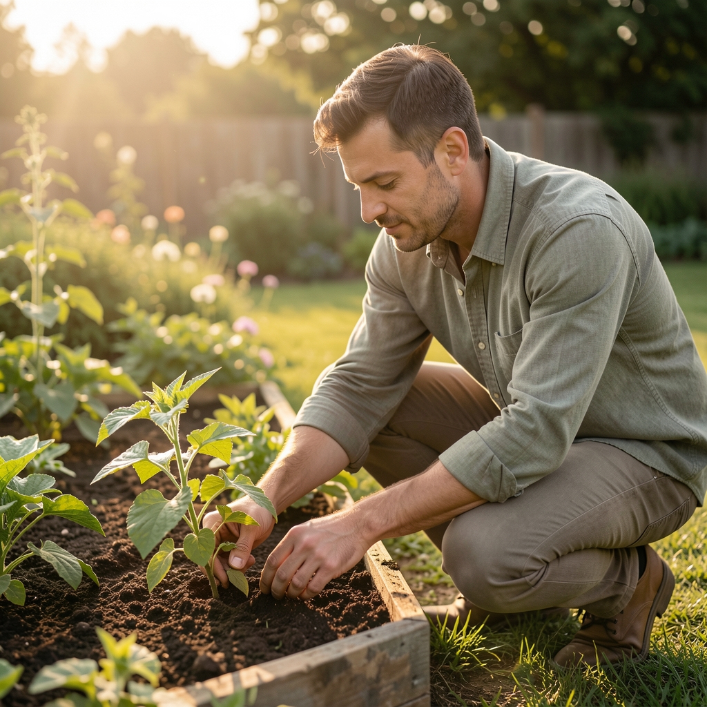 Mature Indonesian man tending a small garden in soft morning light