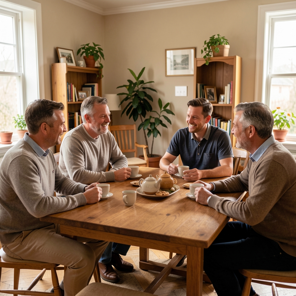 Small group of adult men sharing tea and conversation around a wooden table in a warm community room