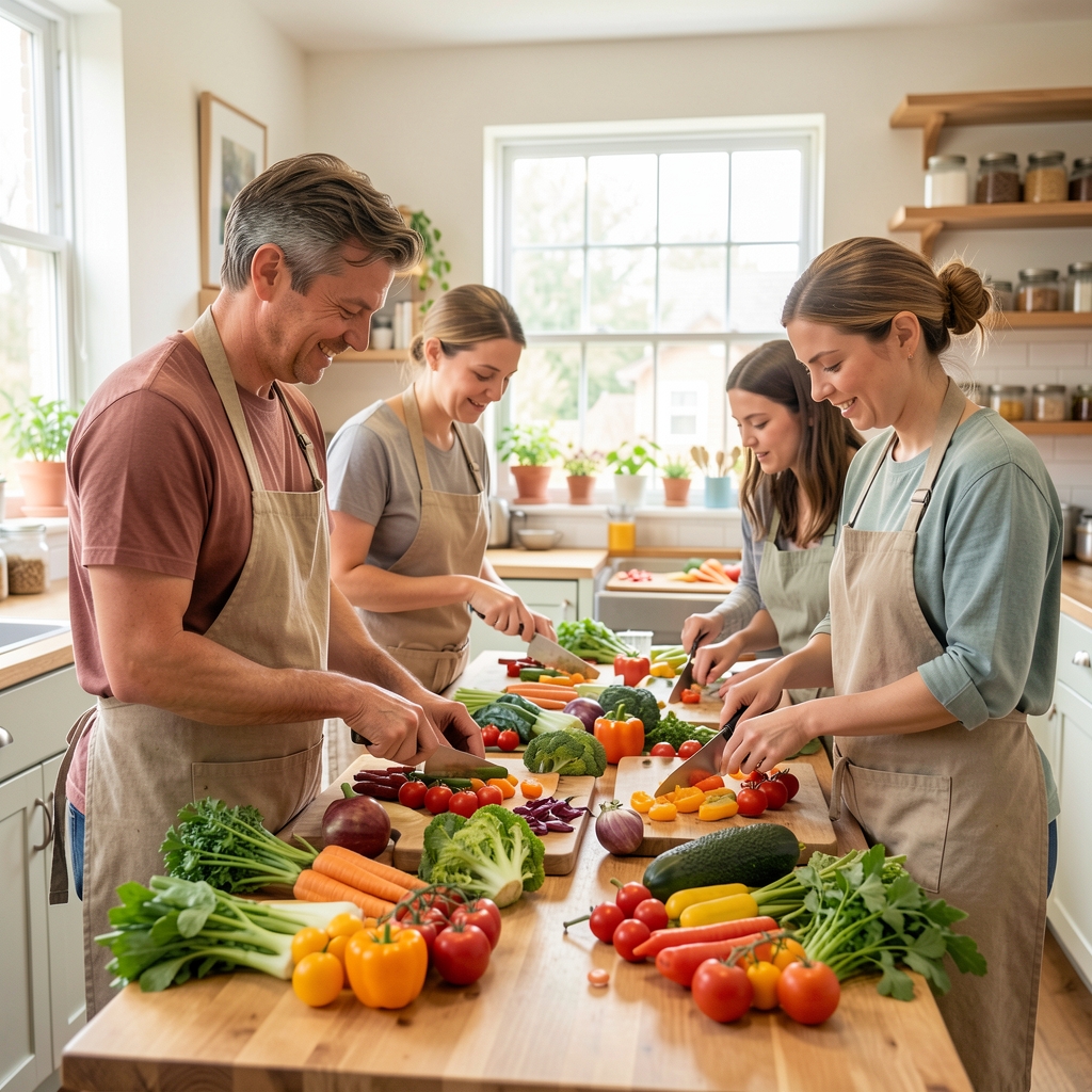 Adult participants preparing colourful vegetables together in a bright community kitchen