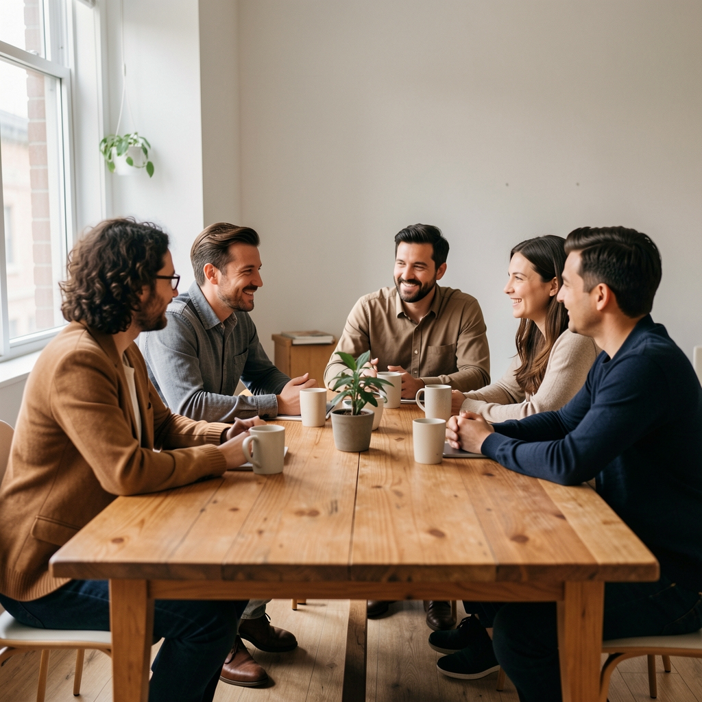Small group seated around a wooden table during a warm editorial conversation