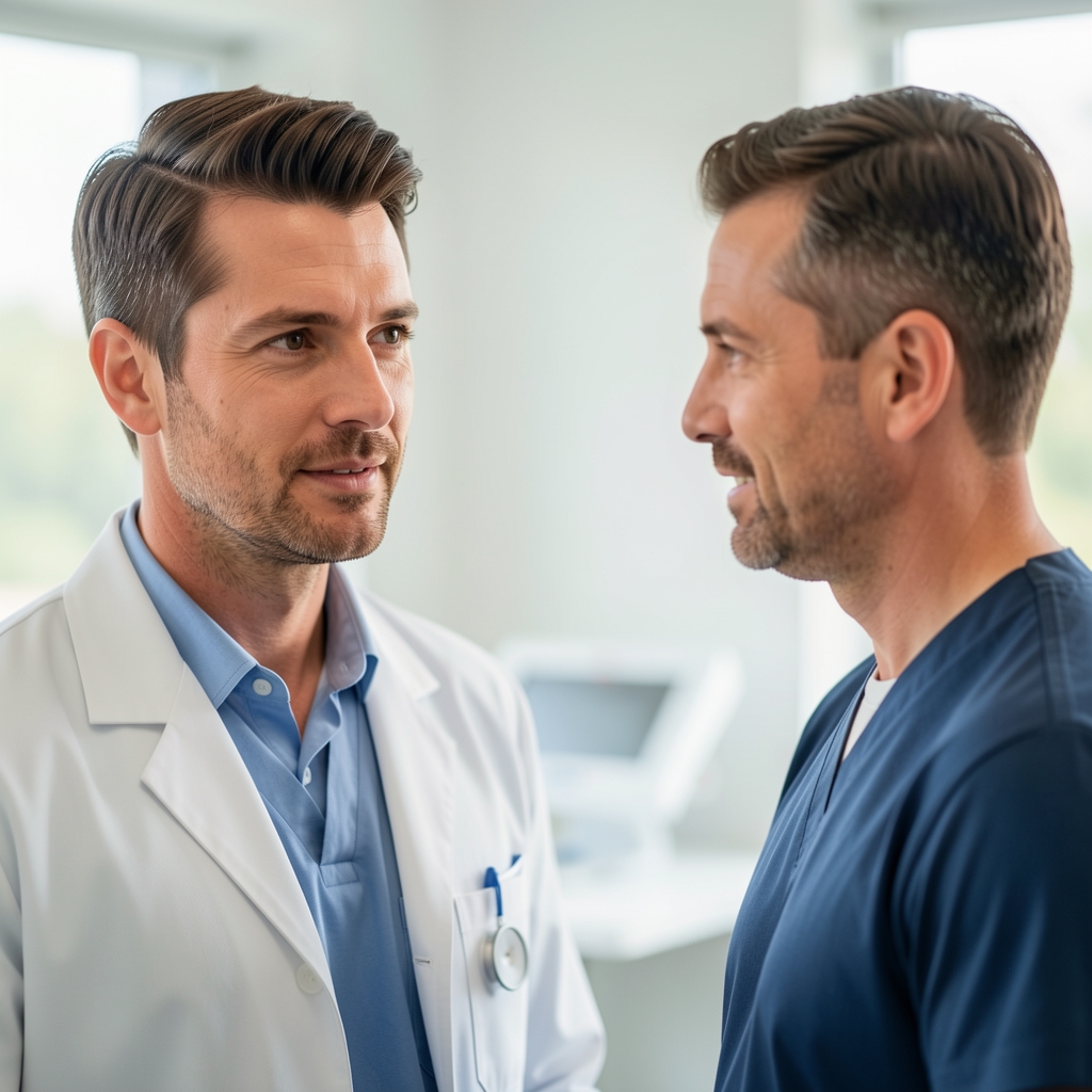 Doctor and adult male patient having a respectful conversation in a bright clinic room