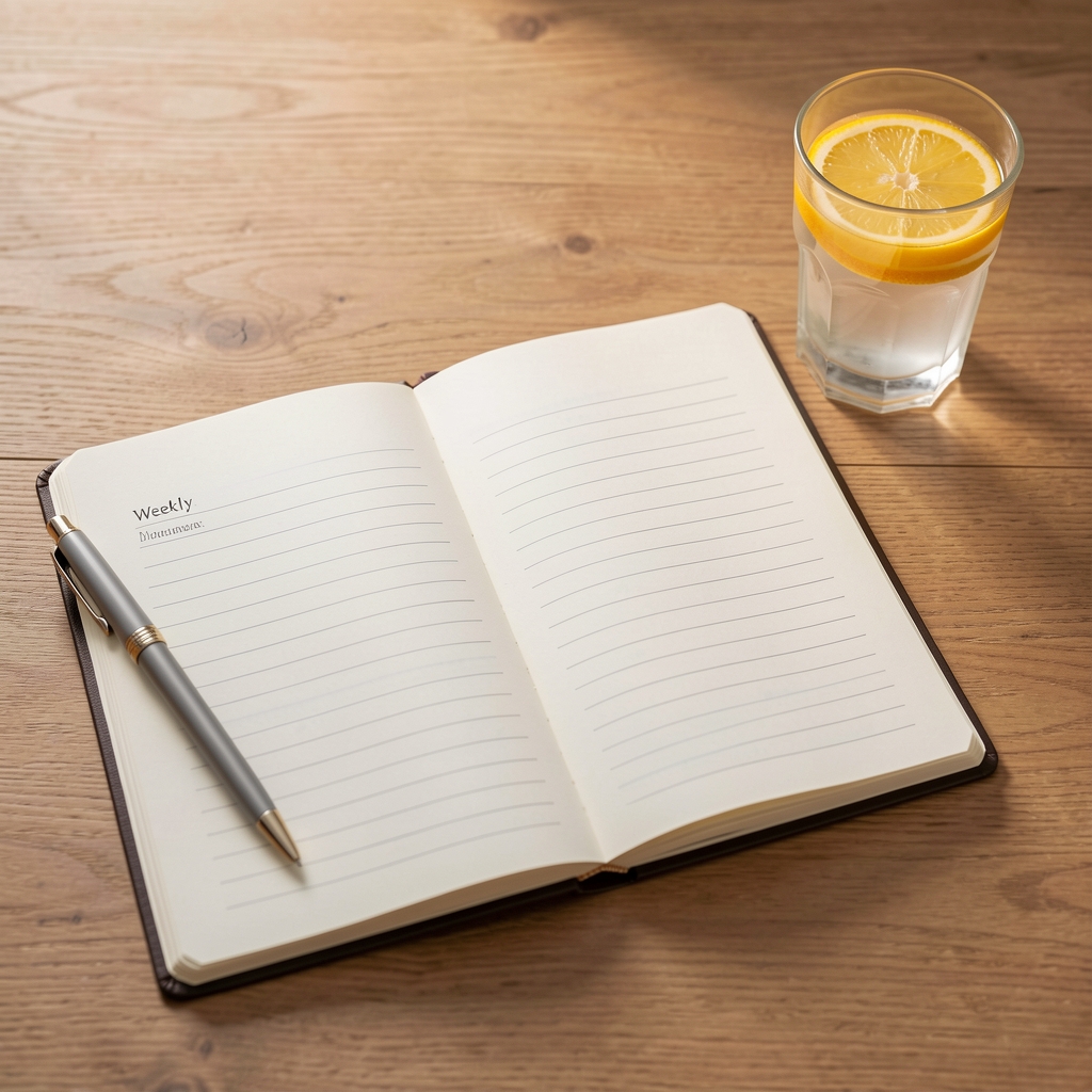 Open wellness notebook beside a pen, citrus water, and a simple weekly planning page