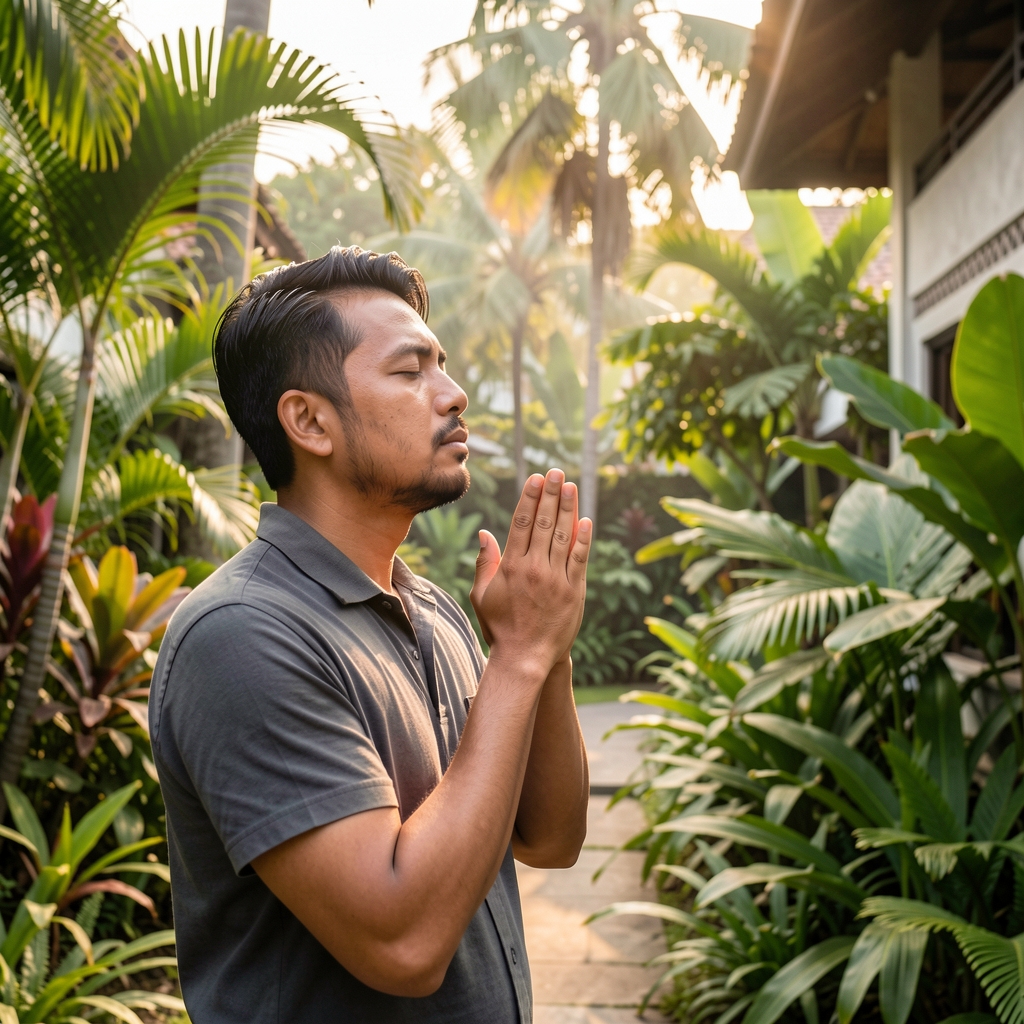 Adult man practicing mindful breathing beside lush tropical greenery in Jakarta during a soft early morning