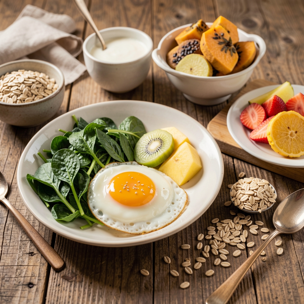 Balanced Indonesian-inspired breakfast with eggs, leafy greens, tropical fruit, and whole grains on a wooden table