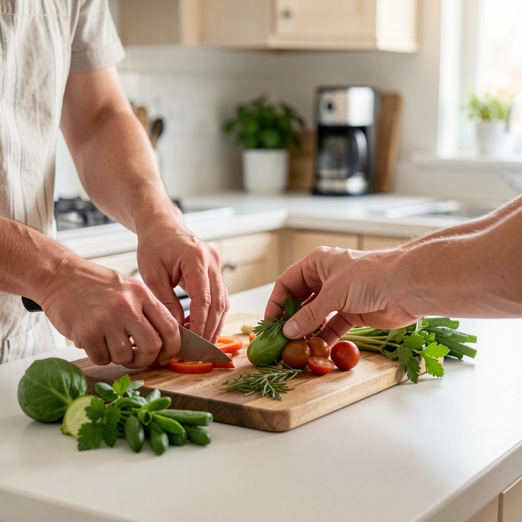 Hands preparing vegetables and herbs on a clean kitchen counter at home