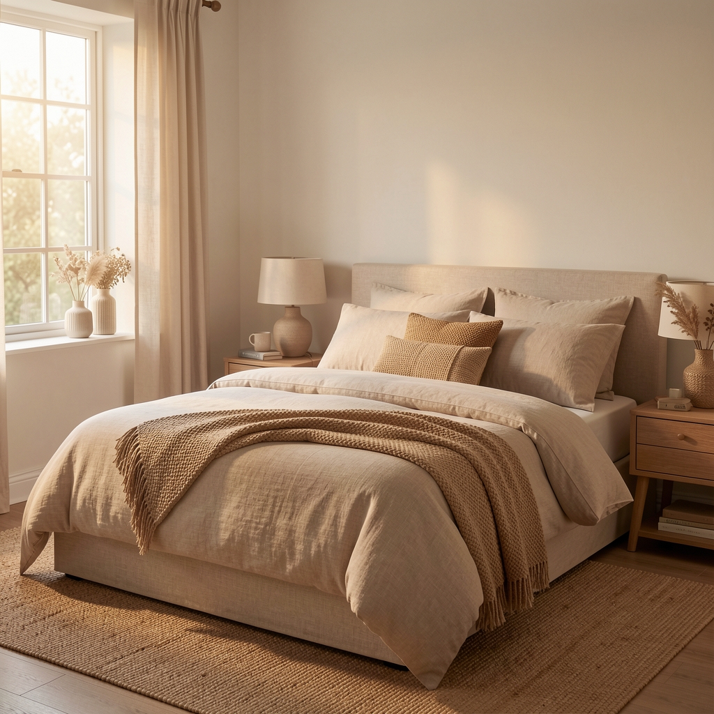 Calm bedroom with natural linen bedding, woven details, and soft dawn light prepared for evening rest