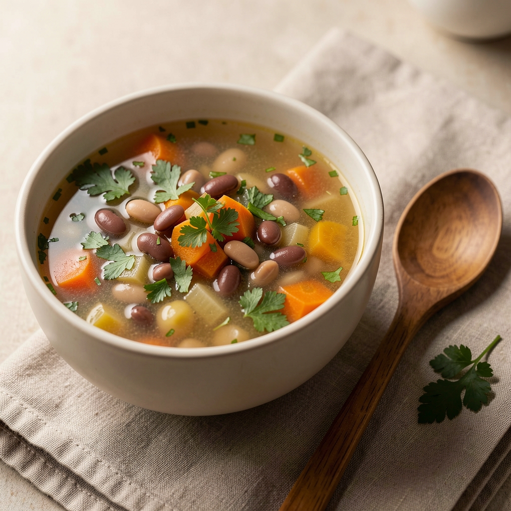 Bowl of vegetable soup with beans, herbs, and clear broth beside a wooden spoon