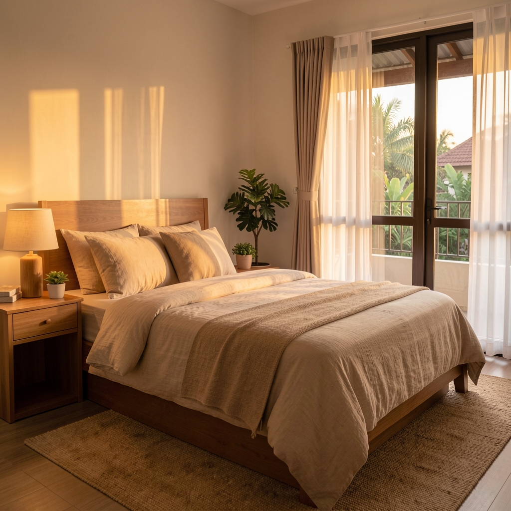 Calm bedroom with natural linen bedding and warm evening light in a Jakarta home