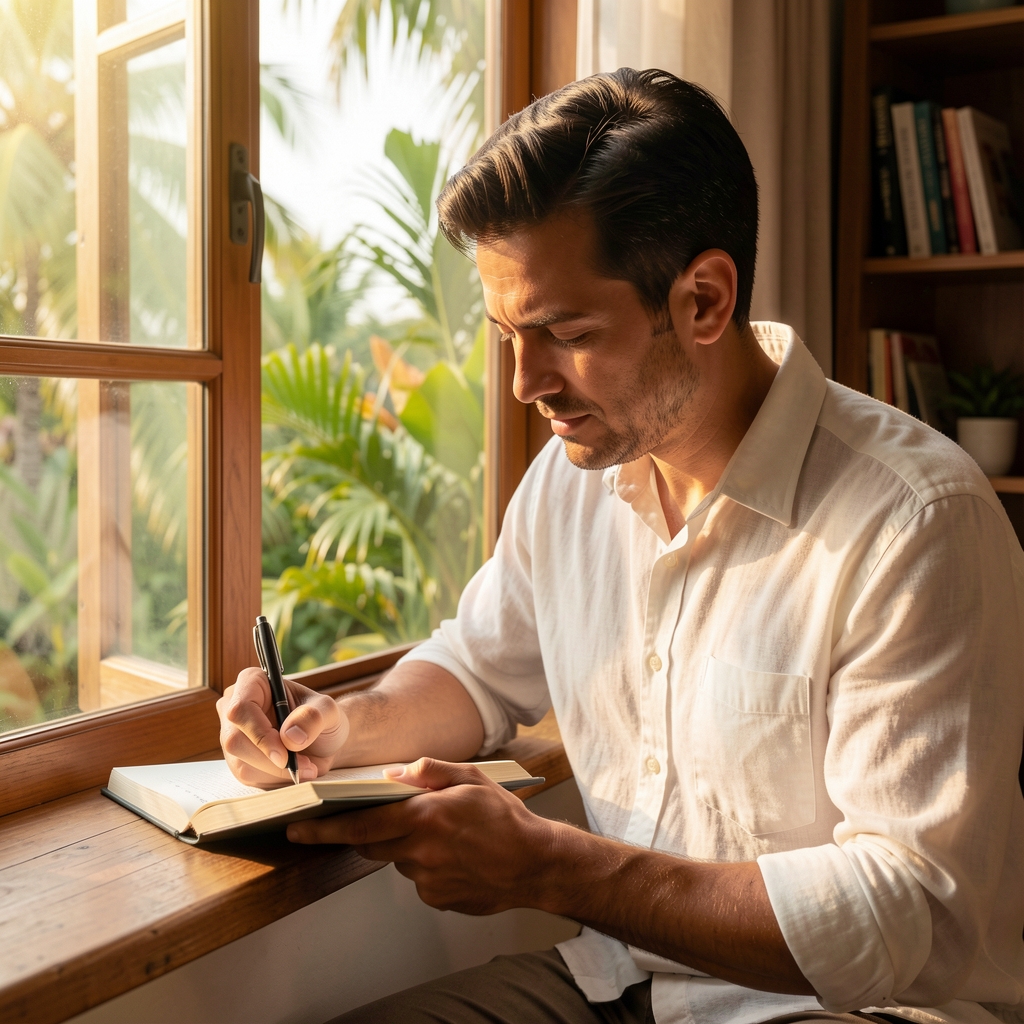 Adult man writing in a journal beside a window with soft tropical afternoon light